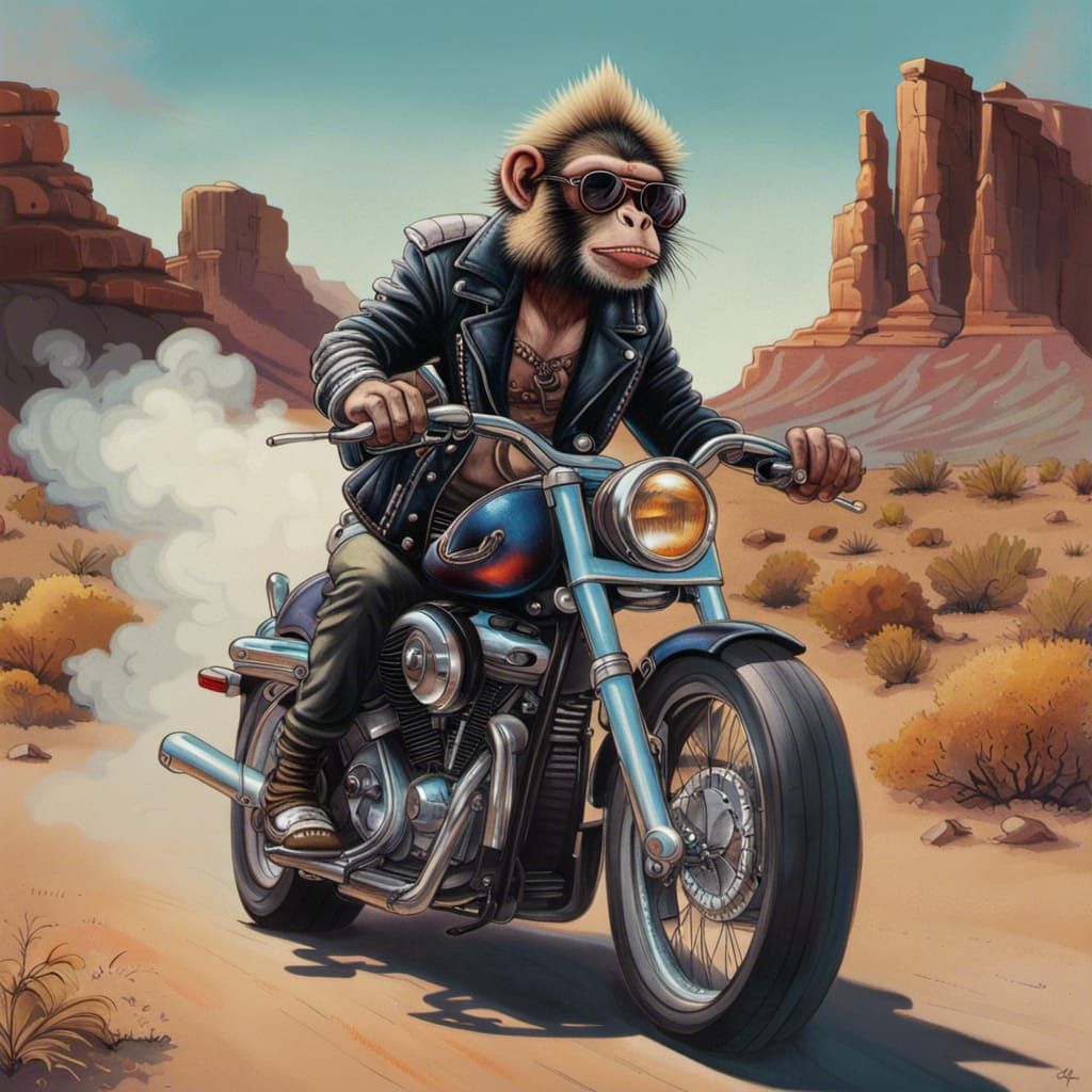 Monkey Biker in Arizona Desert, Hyperrealistic Art