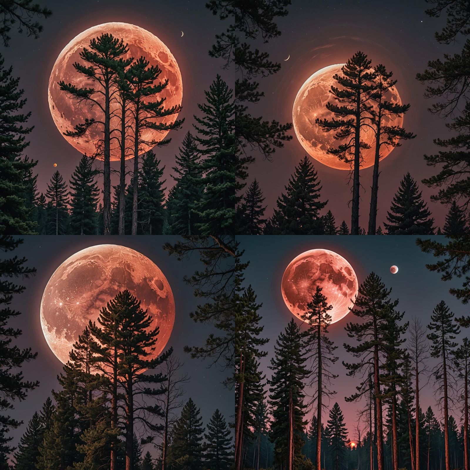 Red Moon Over Pine Trees in Post-Apocalyptic Style
