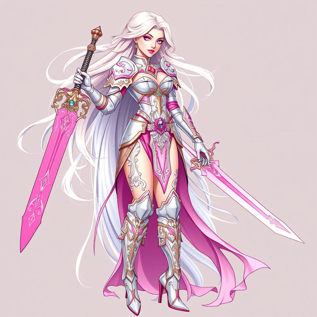 Woman in Pink Armor with Sword, Comic Book Style