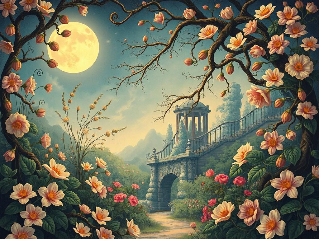 Moonlit Garden in Chromolithography Art Nouveau Style