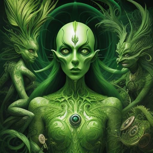 Surreal Green Gods in Mixed Media Style