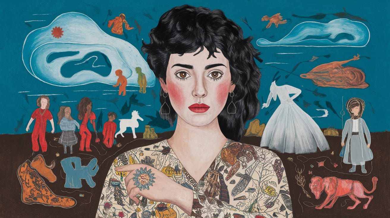 Woman in a Dreamlike Installation of Splattered Paint and Sh...