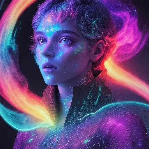 Holographic Cosmic Fire Illustration in Mixed Media