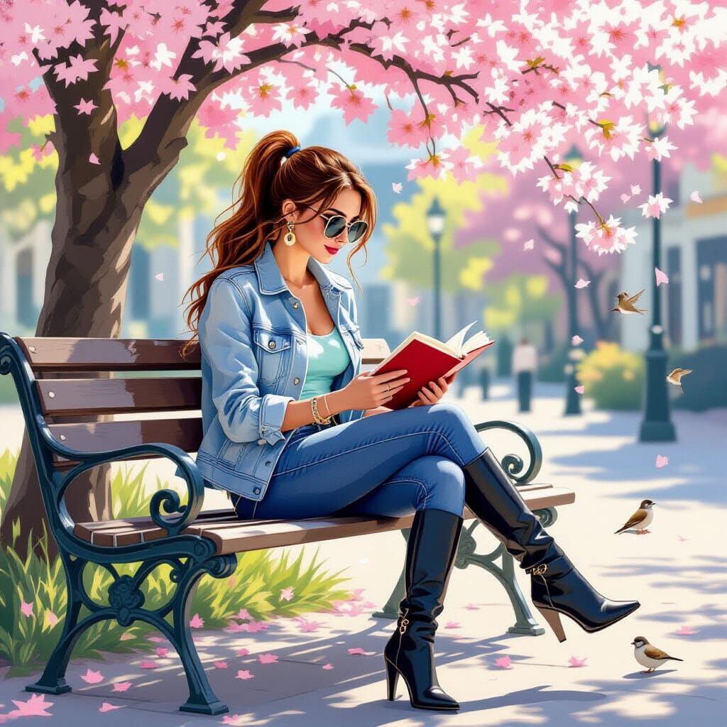 Woman Reading Under Cherry Tree in Realistic Style