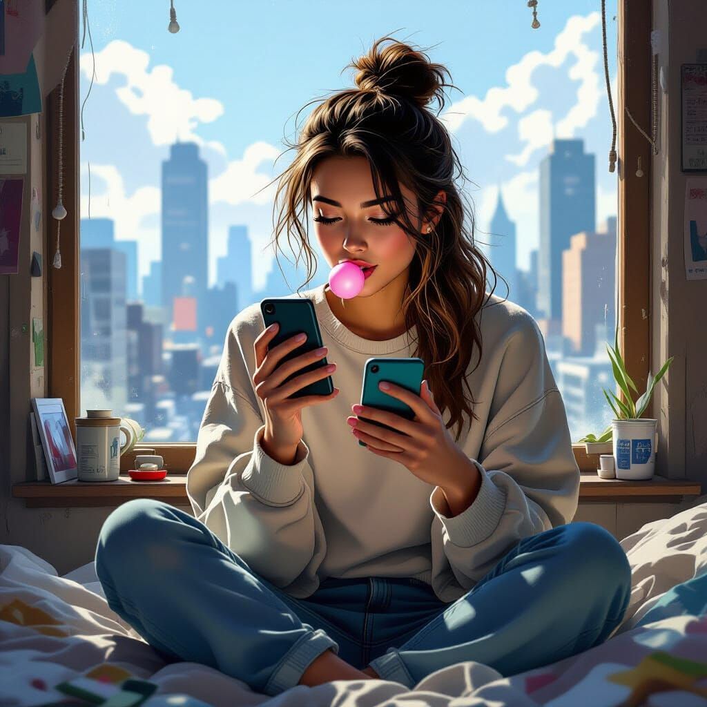 Young Woman Facetiming in Cluttered City Room