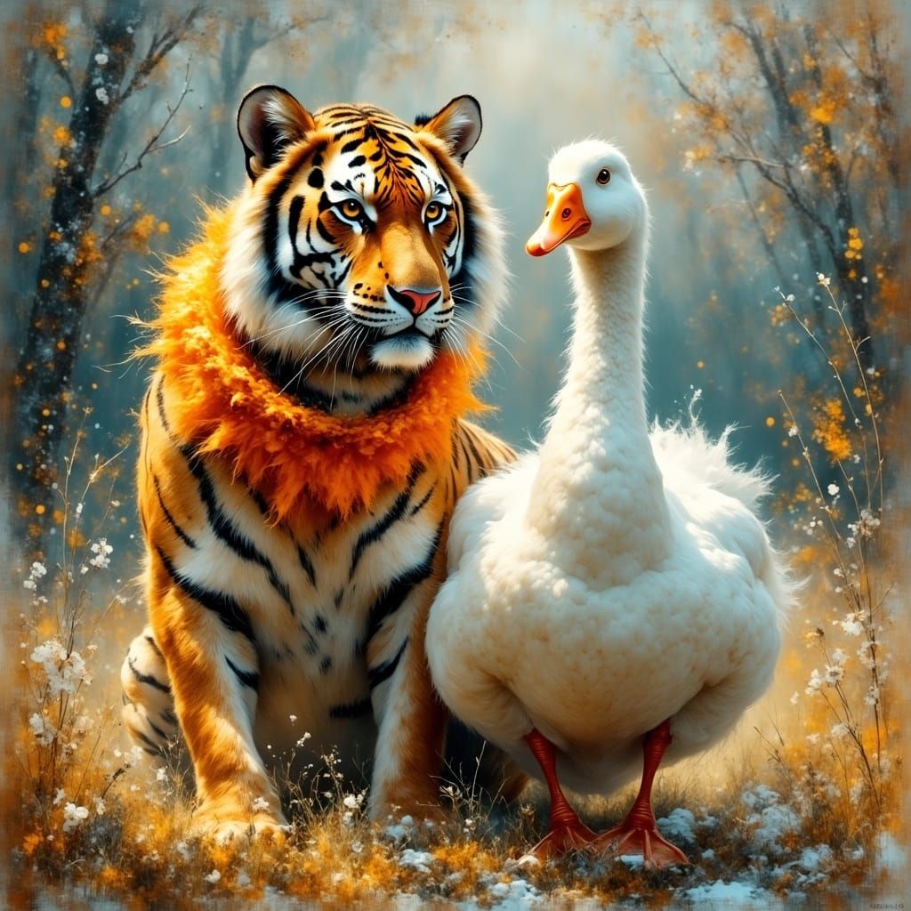 Tiger and Goose in Serene Landscape, Expressive Brushstrokes