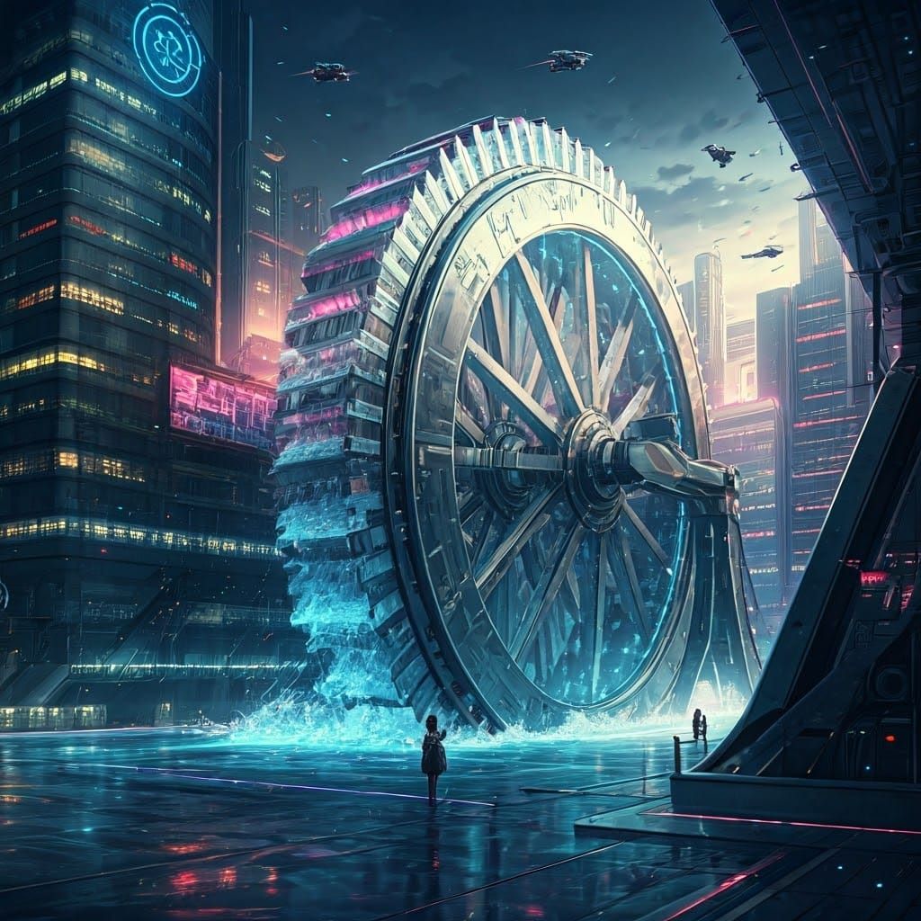 High-Tech Waterwheel in Futuristic Cityscape