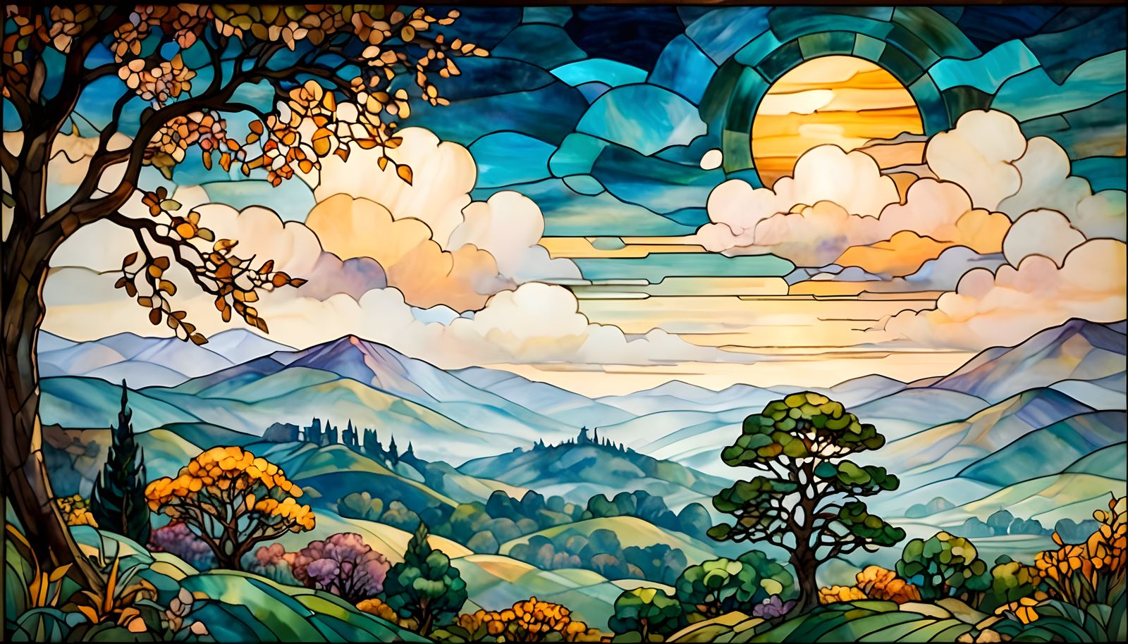 Warm Golden Light Stained Glass Landscape
