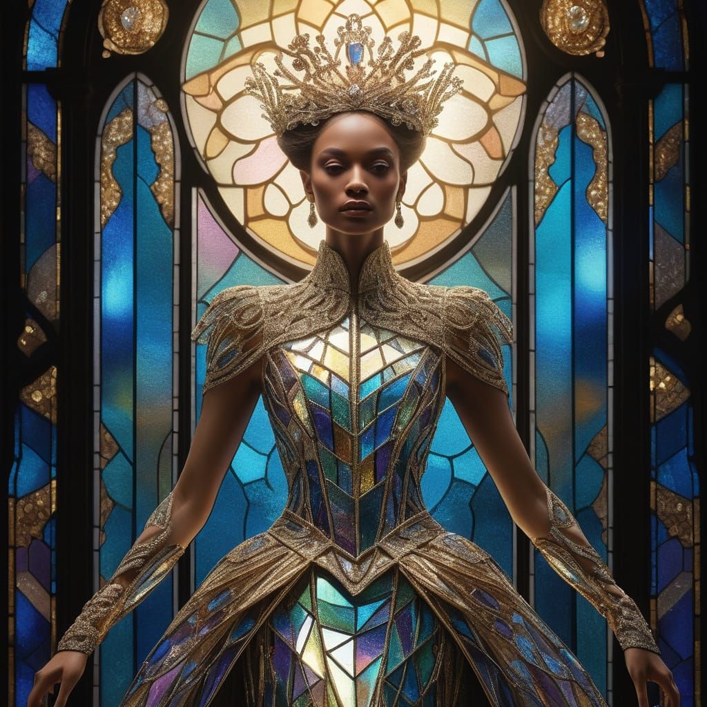 Queen's Gown of Shimmering Glass and Crystal Details