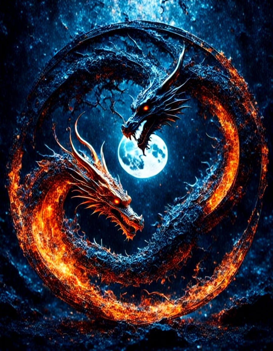 Dramatic Yin Yang Dragons in Fire and Ice