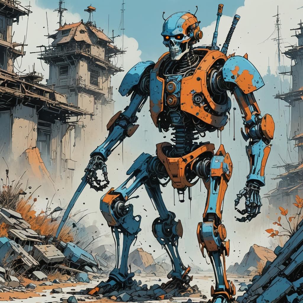 Robot Samurai Skeleton in Moebius Style