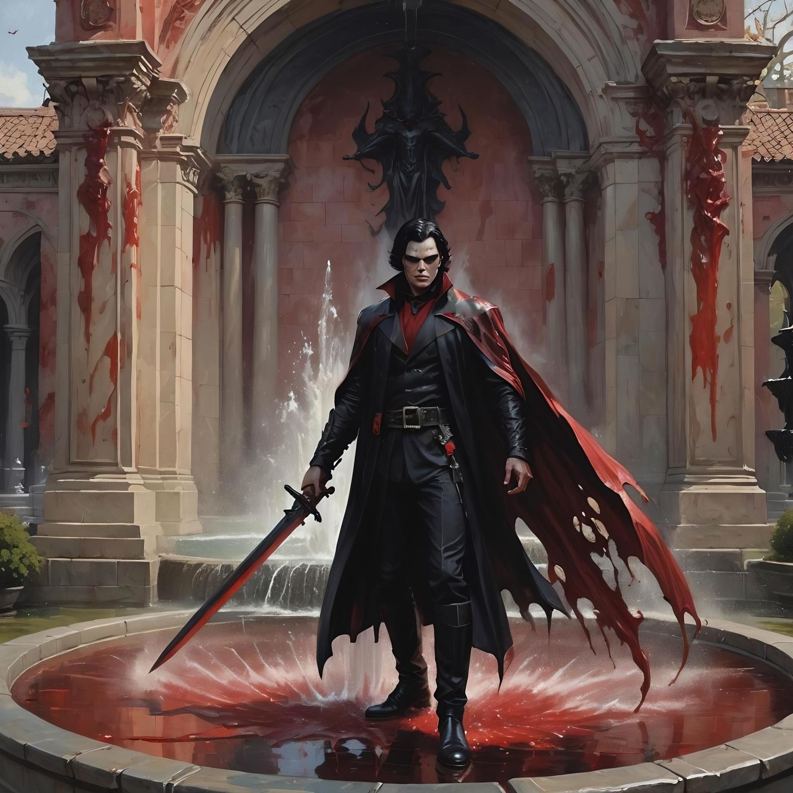 Sinister Vampire with Sword Before Red Fountain