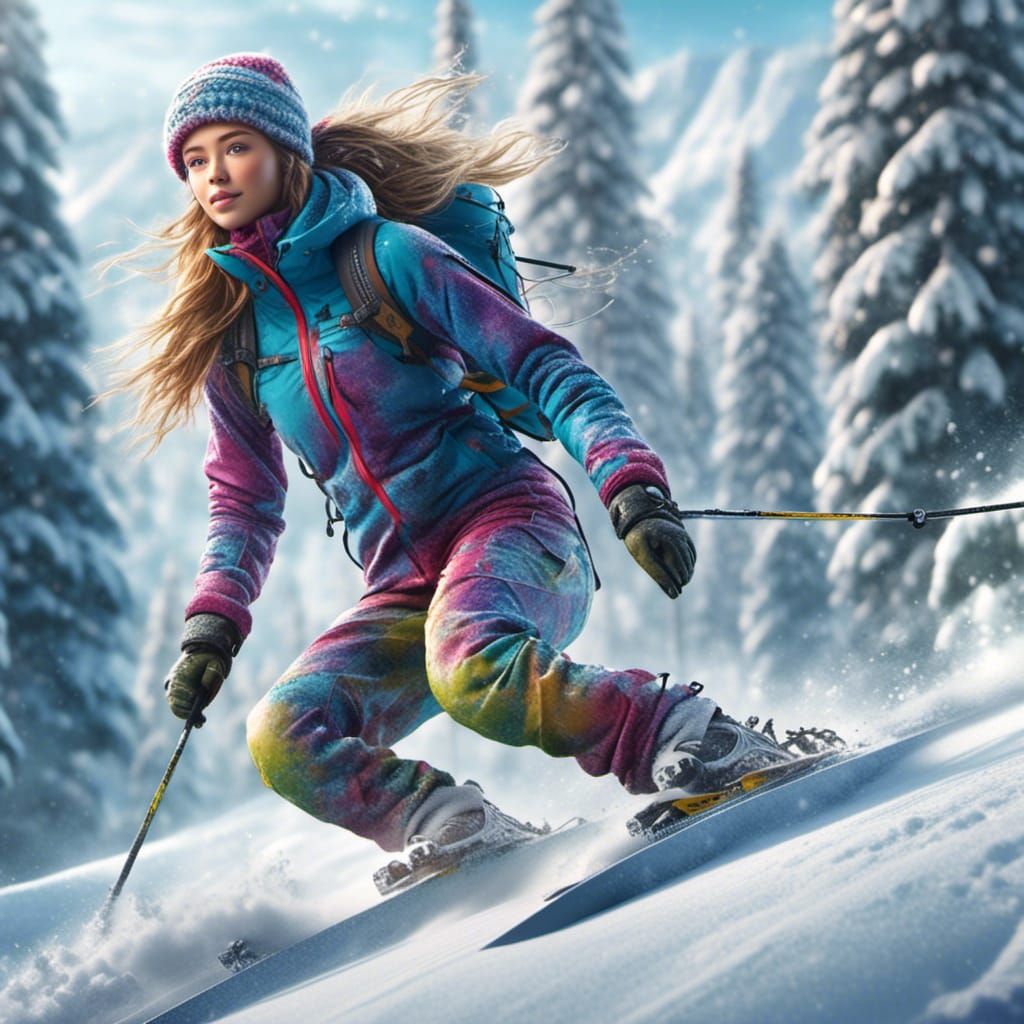 Young Woman Skiing in Snowy Forest, Photorealistic Render