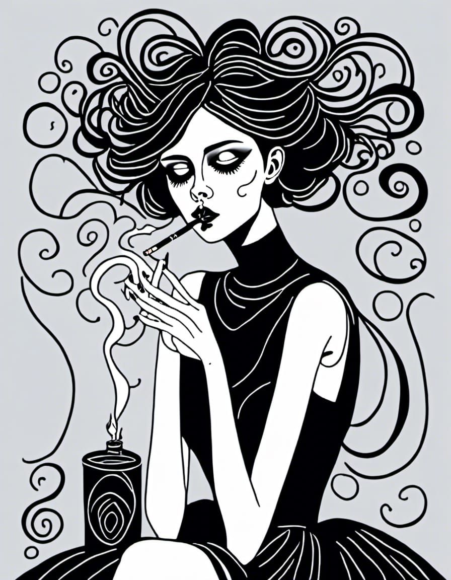 Goth Girl Smoking: Tim Burton Coloring Book Style