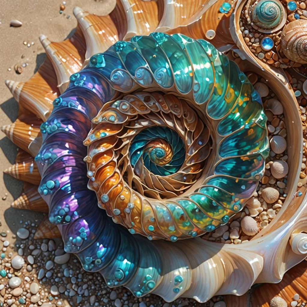 Iridescent Fibonacci Seashell Spiral on Beach