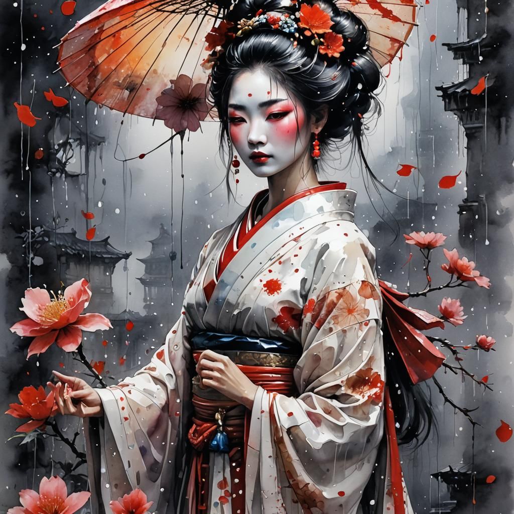Geisha in Rain: Botanical Watercolor Art