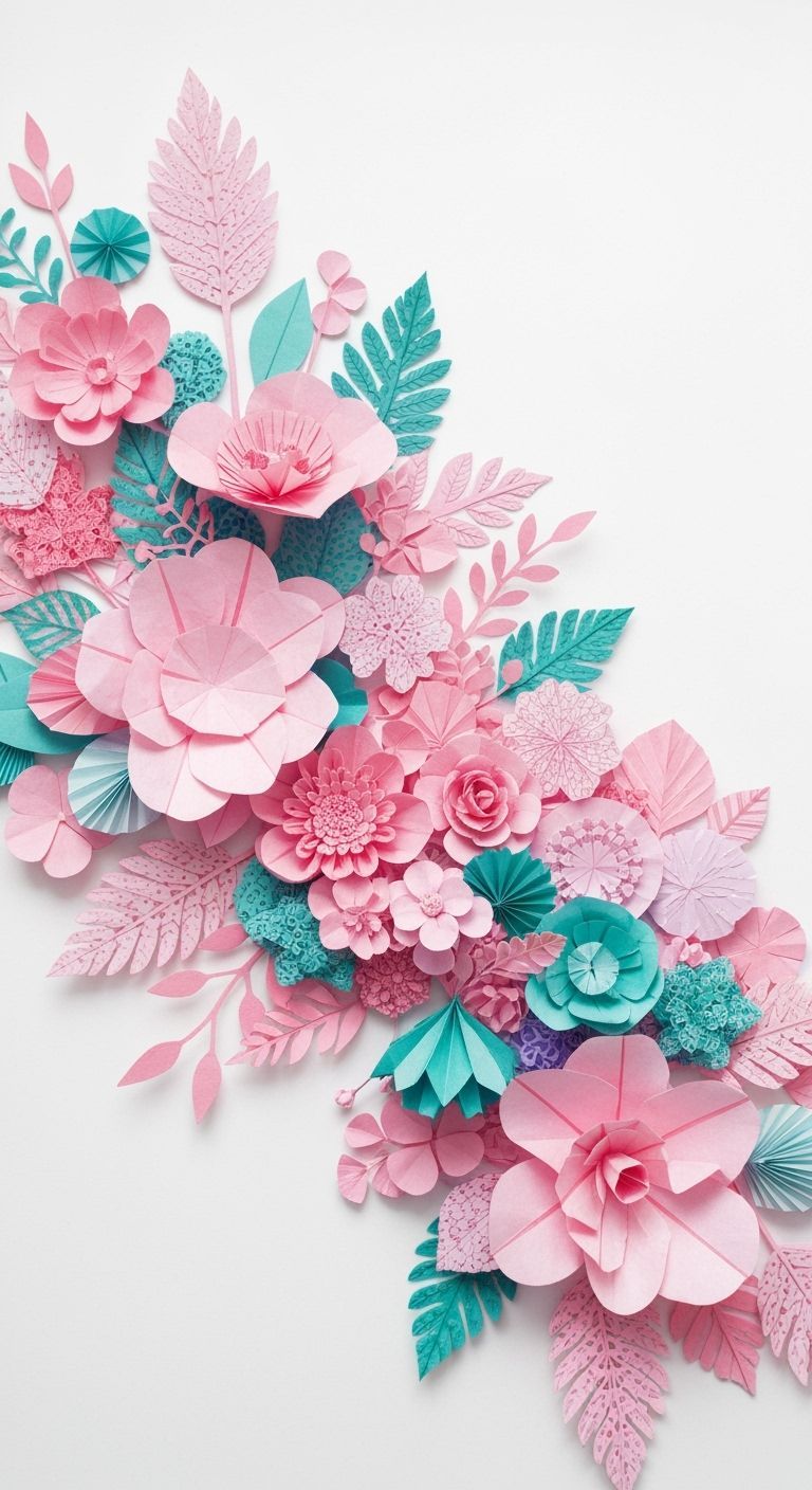 Detailed, hyperrealistic paper-cut illustration of flowers a...