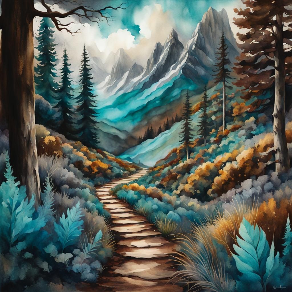 Mountain Path Watercolour Illustration in Teal and Brown