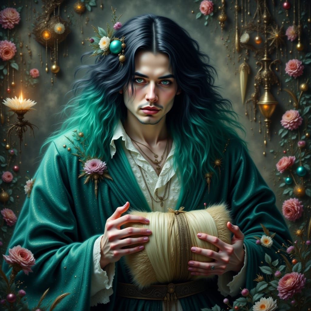 A turquoise-eyed dark-haired wizard in a magic workshop, unw...