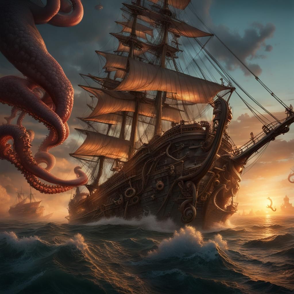 Kraken Attacks Galleon in Steampunk Jules Verne Style