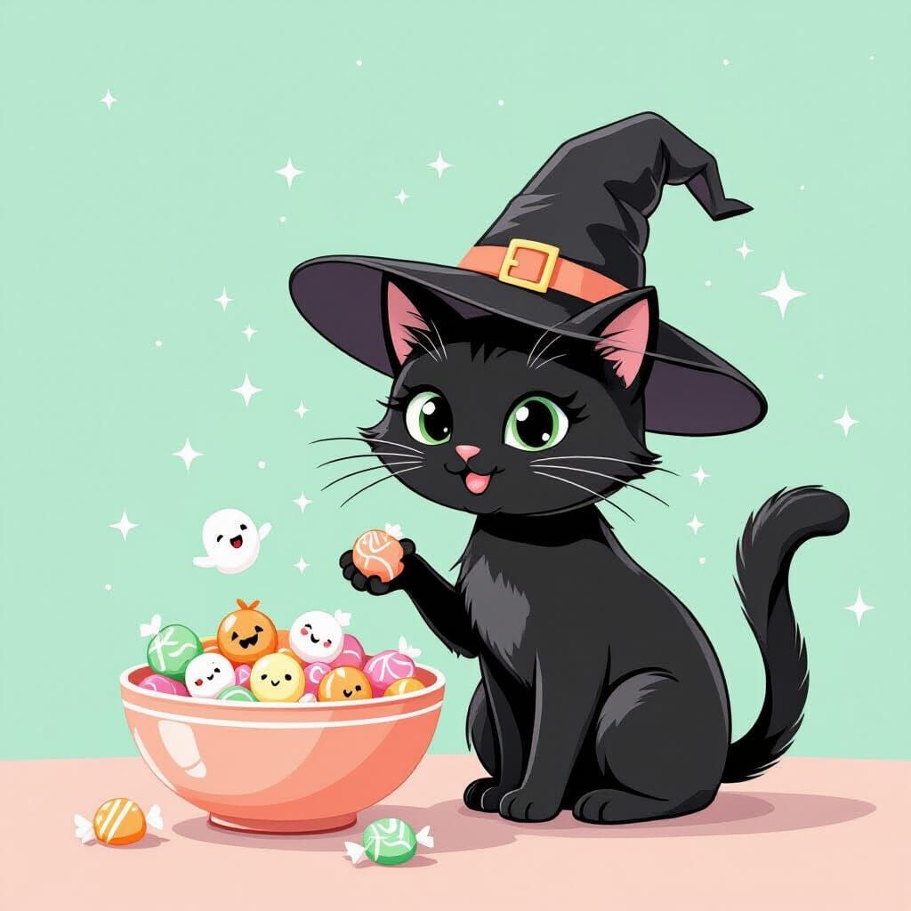 Pastel Cartoon Cat Offers Spooky Candies