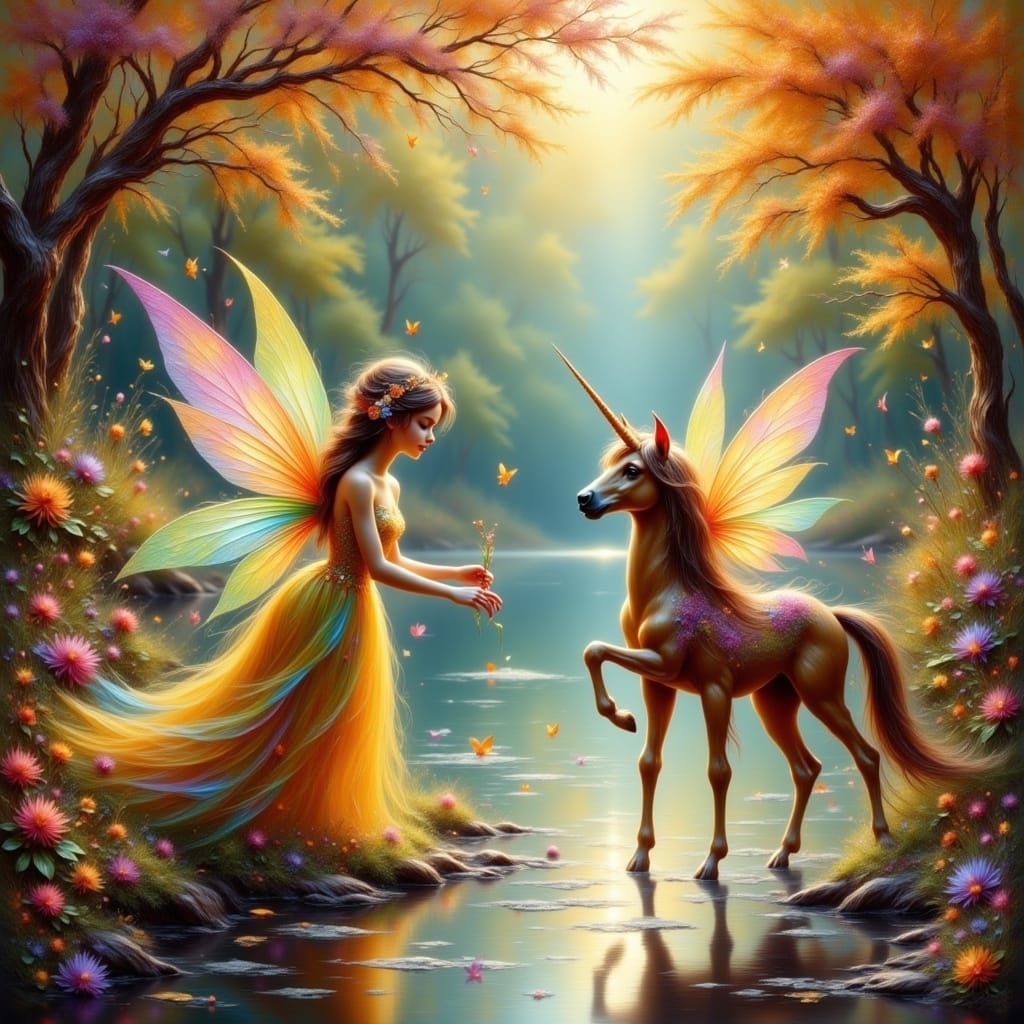 Whimsical Fairies Dance with Brown Unicorn in Autumn Wonderl...