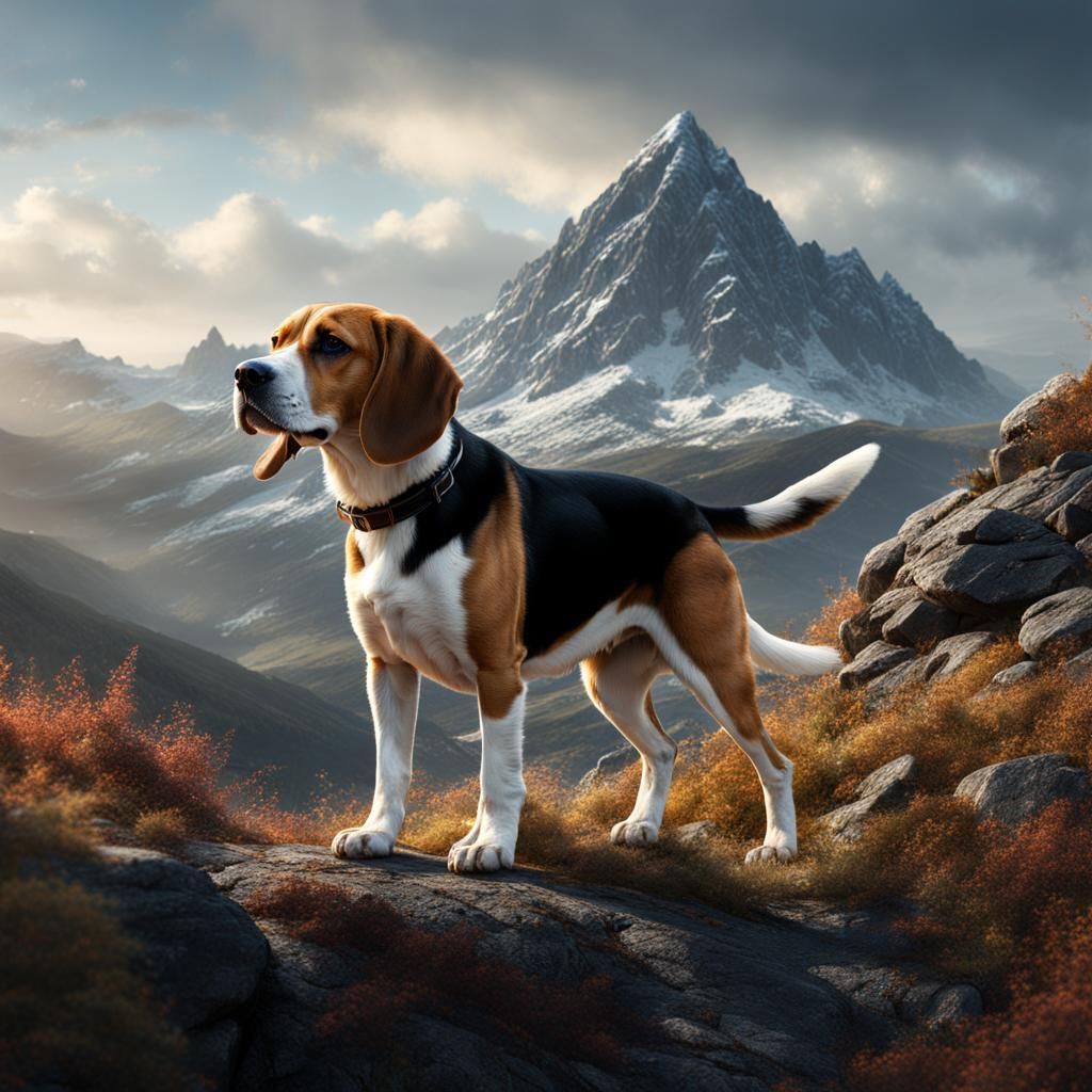 Beagle Harrier Dog in Mountain Landscape: Detailed Matte Pai...