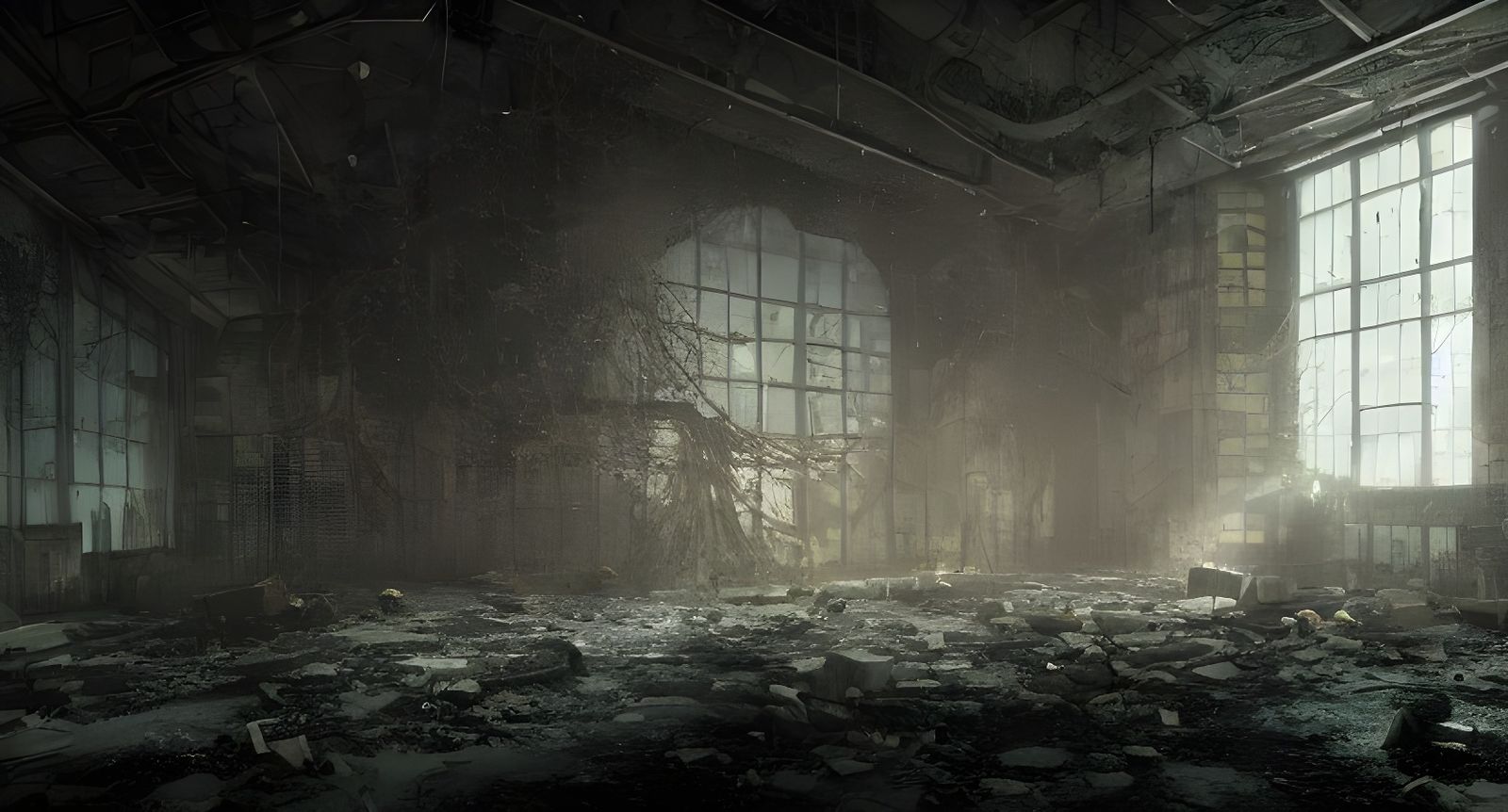 Abandoned Warehouse Interior in Lovecraftian Horror Style