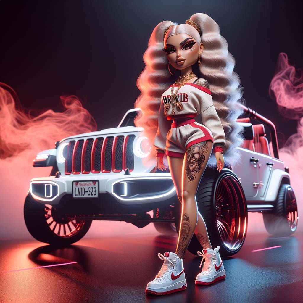 Bratz Doll Inspired Woman in Front of White Jeep