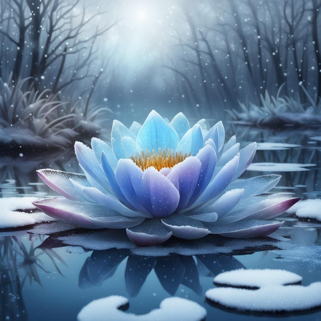 Mystical Winter Water Lily on Frozen Lake