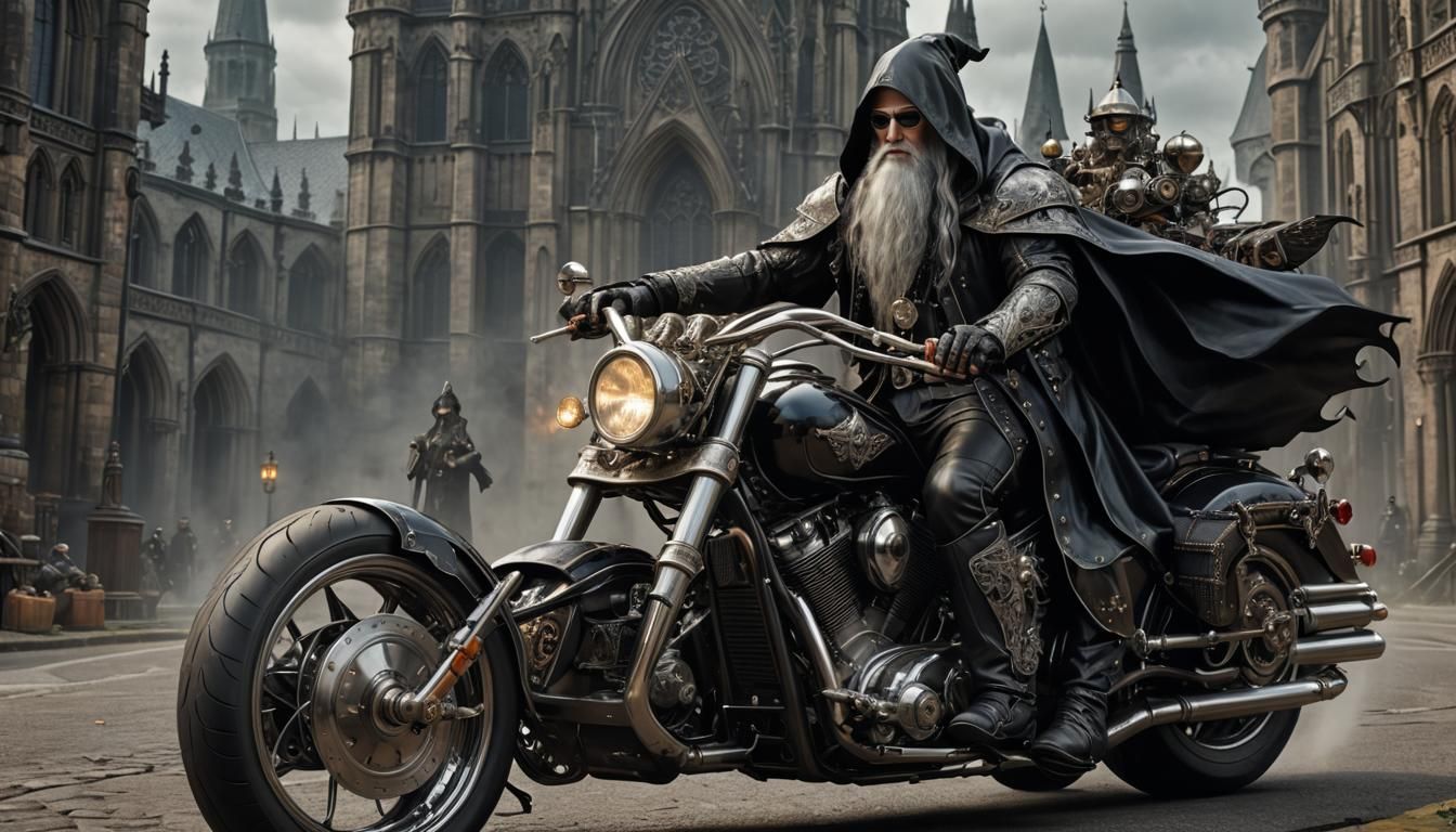 Gothic Wizard on Motorcycle: Hyperrealistic Digital Art