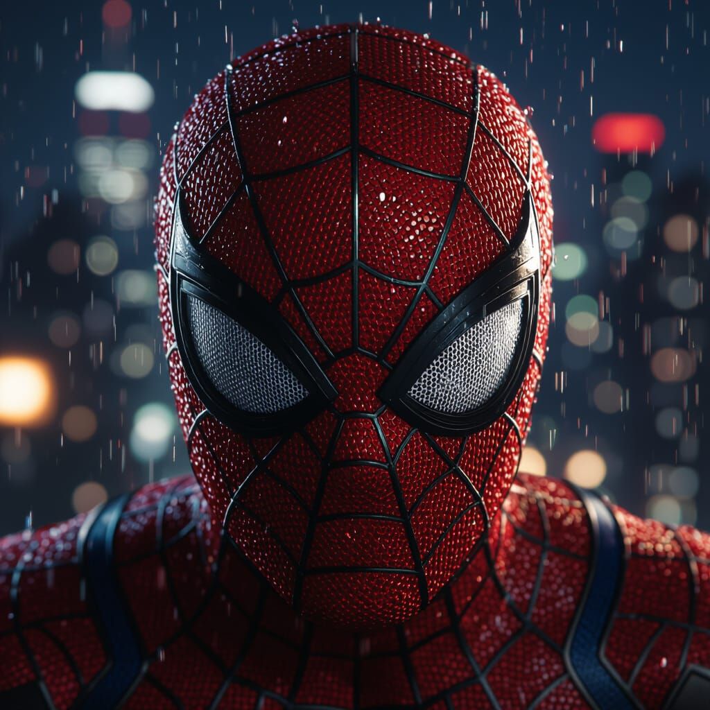 Spider-Man Mask Close-Up in NYC Night Glow