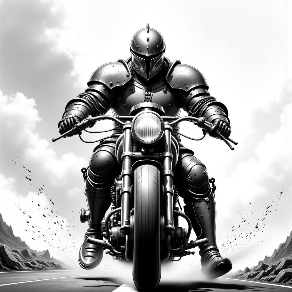 Armored Knight on Motorcycle: Gritty Black and White Illustr...