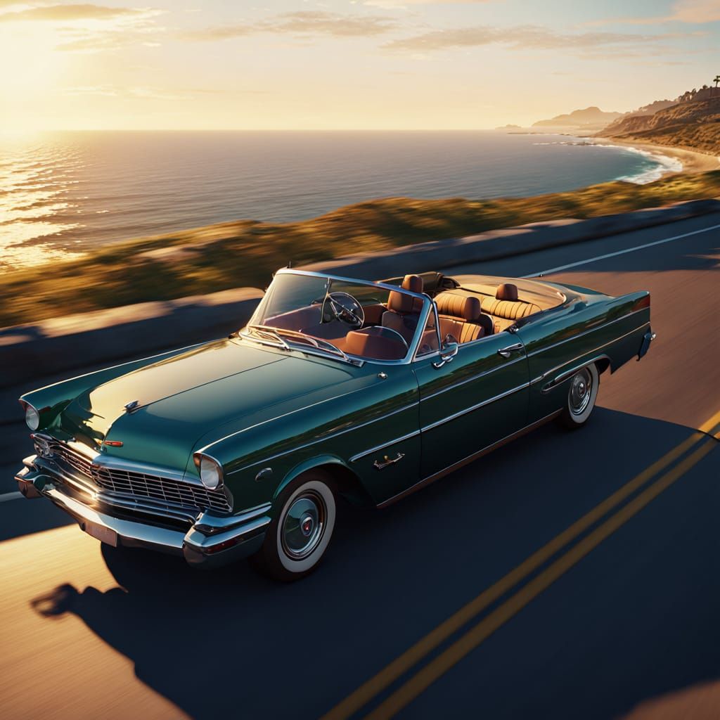 Classic Convertible at Sunset: Photorealistic Film Still