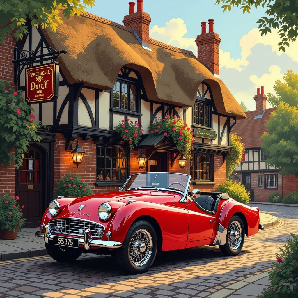 1957 Triumph TR3 in front of an English pub (6 likes)