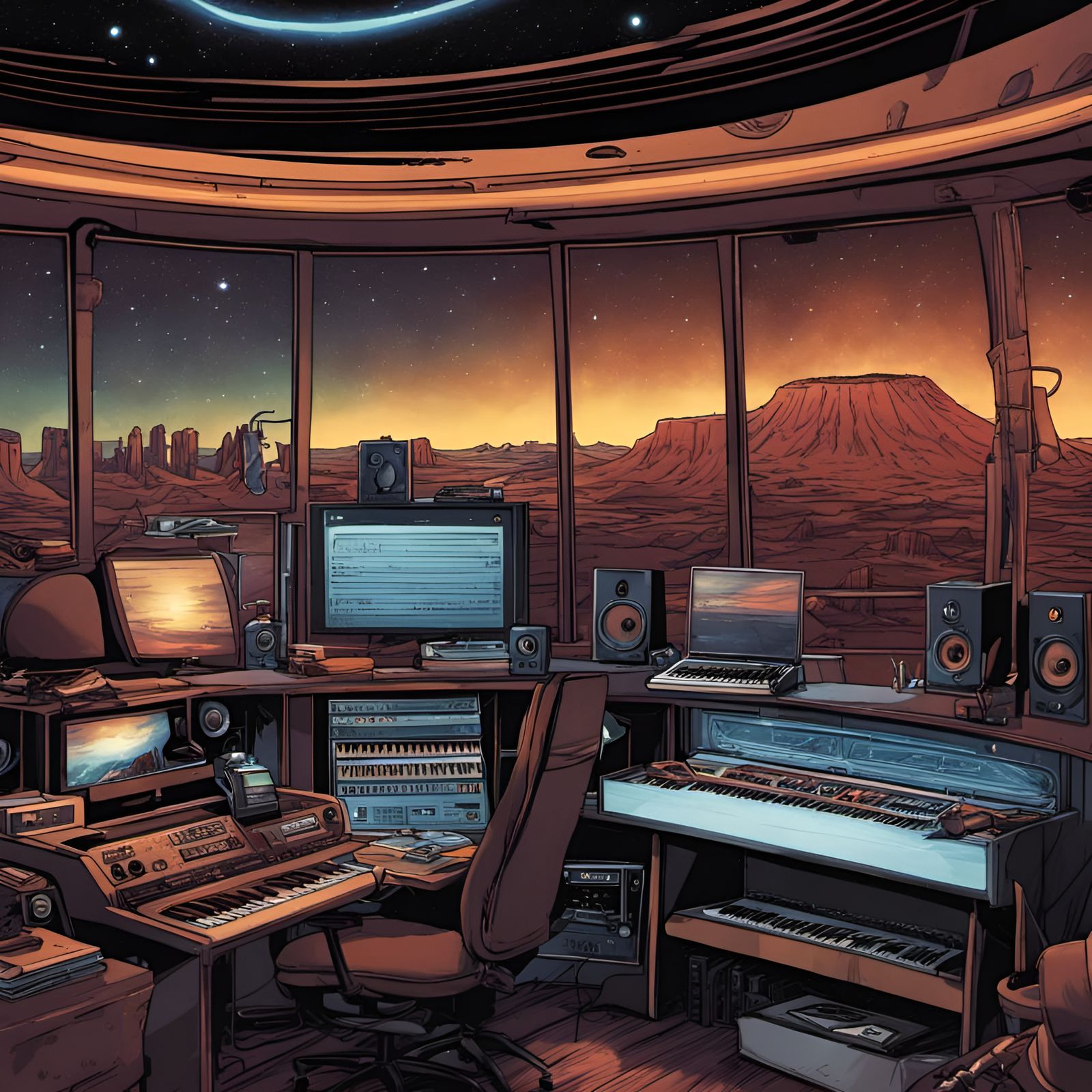 Desert Spaceship Music Studio in Comic Book Style