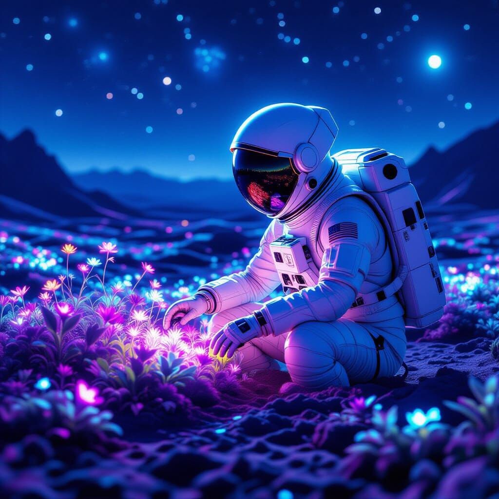 Astronaut Tends Bioluminescent Garden on Alien Planet