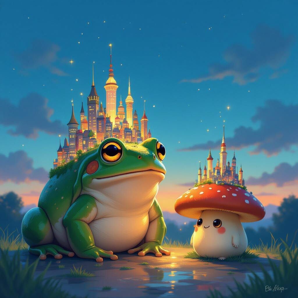 Whimsical Frog and Mushroom Cities at Twilight