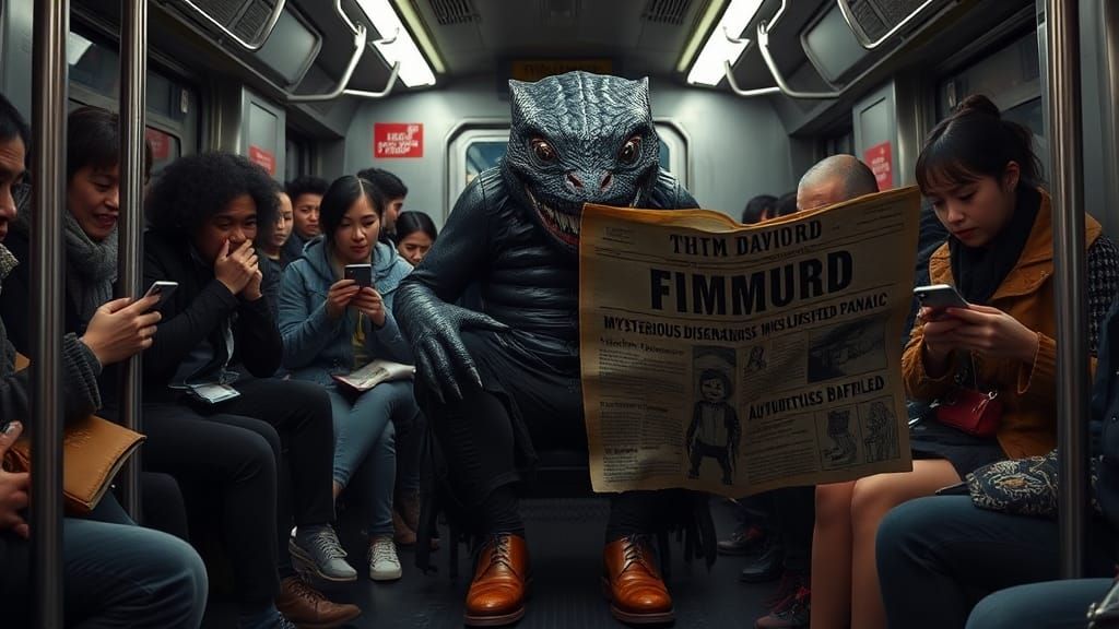 Monster Reads Newspaper on Subway Car