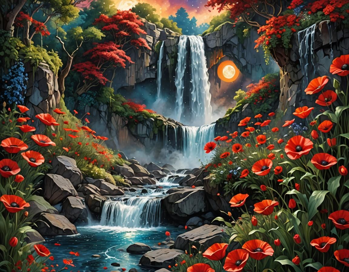 Waterfall and Poppies: A Mosaic Oil Painting