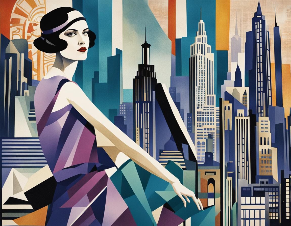 Art Deco Cityscape. Medium shot. Tamara de Lempicka-inspired woman stands in front of a metropolis with geometric skyscr...