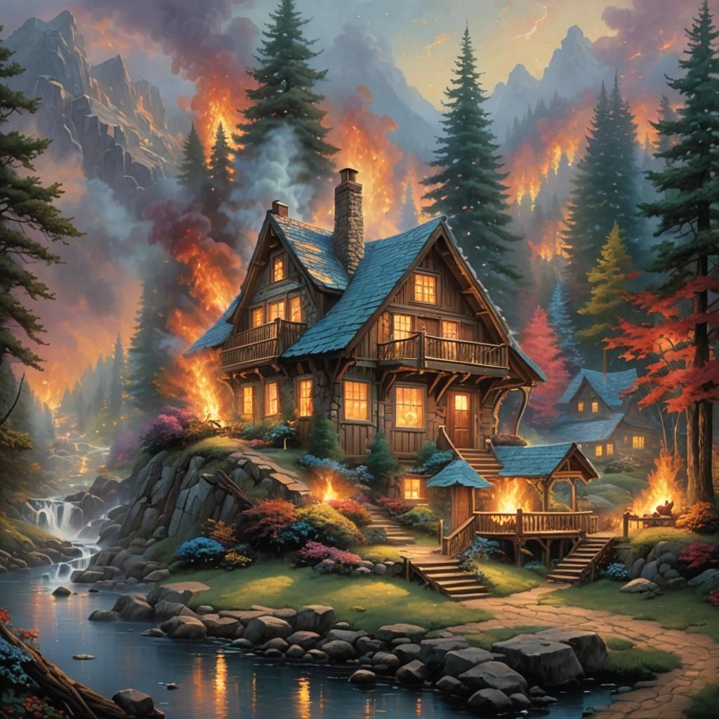 Burning Cabin in Ethereal Fantasy Style