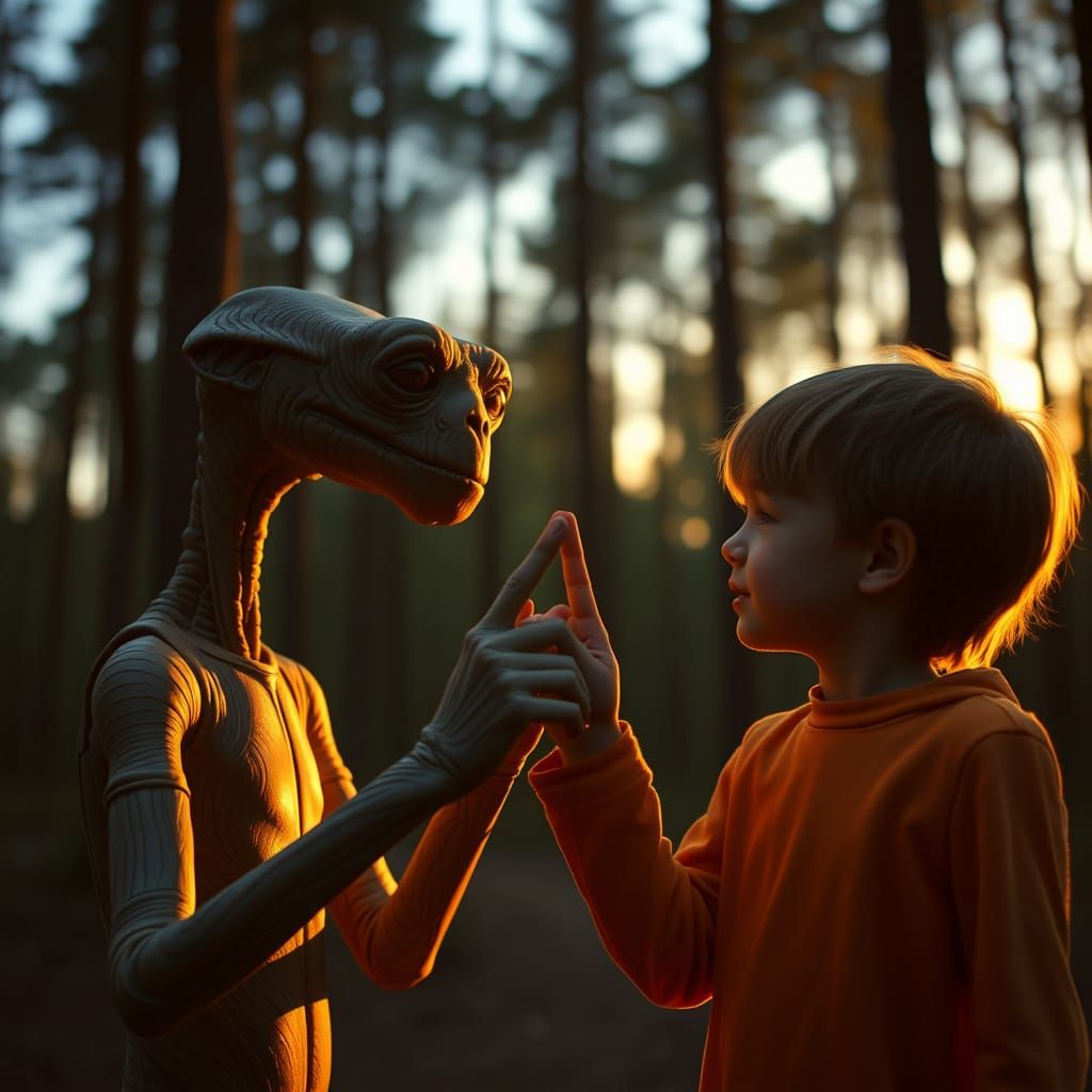 E.T. and Elliot Share a Heartwarming Moment in a Golden Fore...