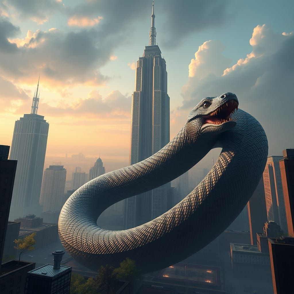 Giant Snake Wraps Around Skyscraper in Vibrant Cityscape