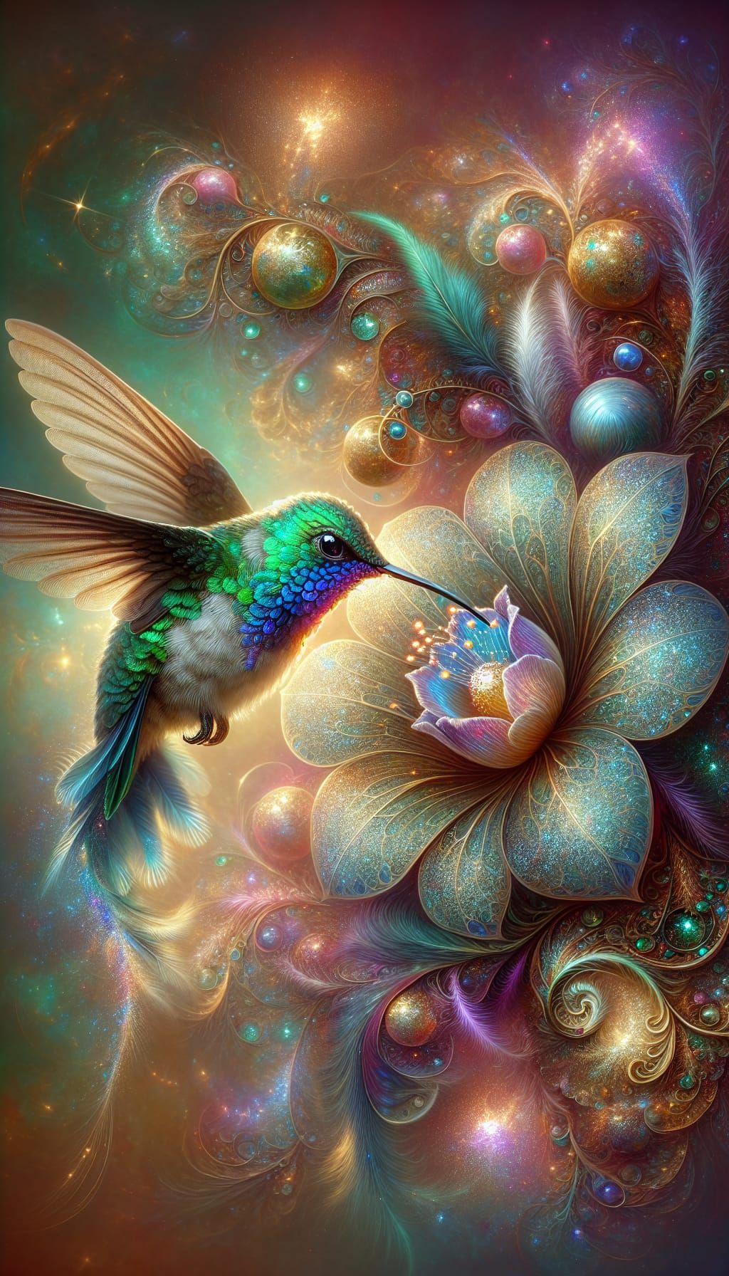 hypnotic hummingbird Iridescent with emerald feathers and sa...