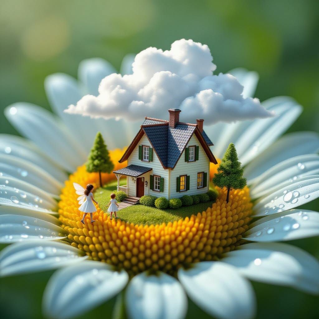 Fairy Farmhouse in Daisy Flower Double Exposure