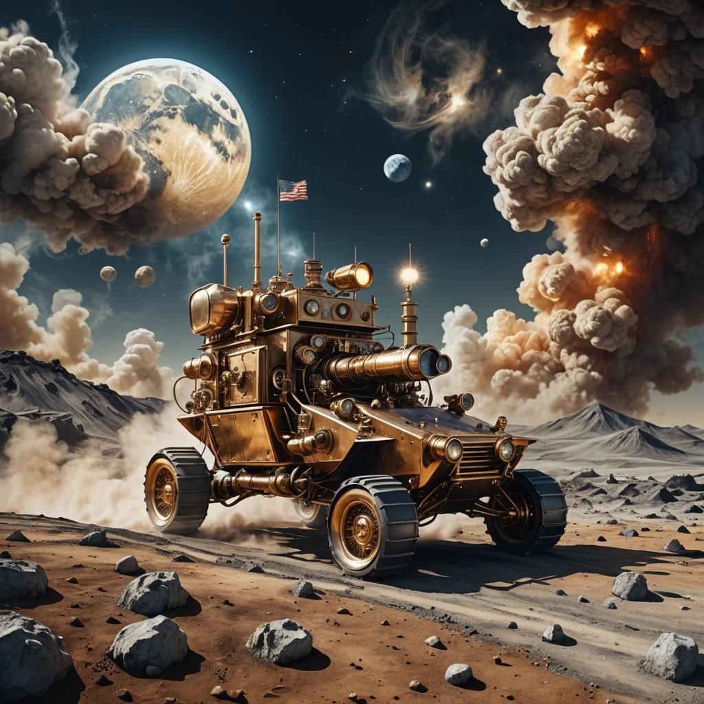 Steampunk Lunar Rover on the Moon in Sci-Fi Style