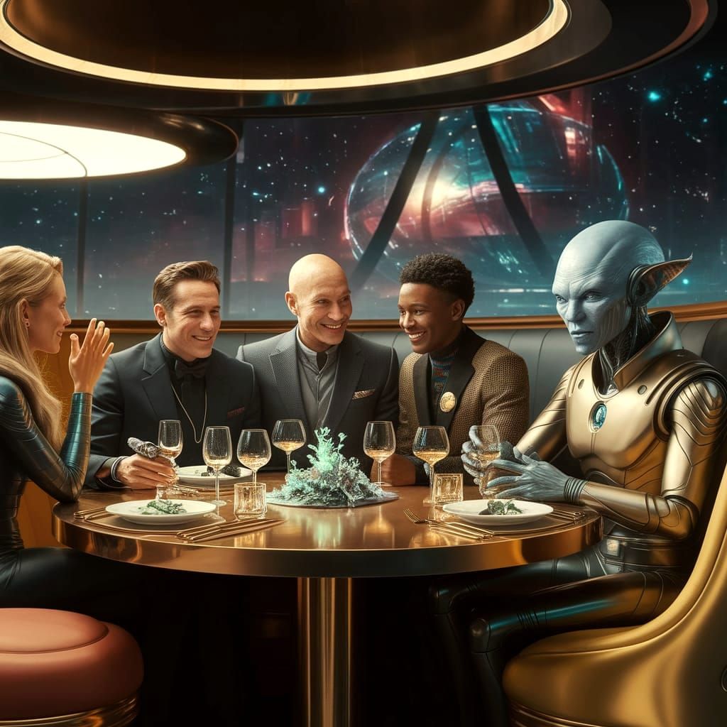 Alien Friends Plan Adventure in Futuristic Bistro