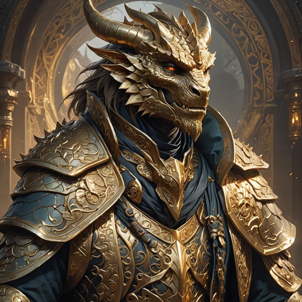 Dragonborn in Gold Robes, Detailed Portrait