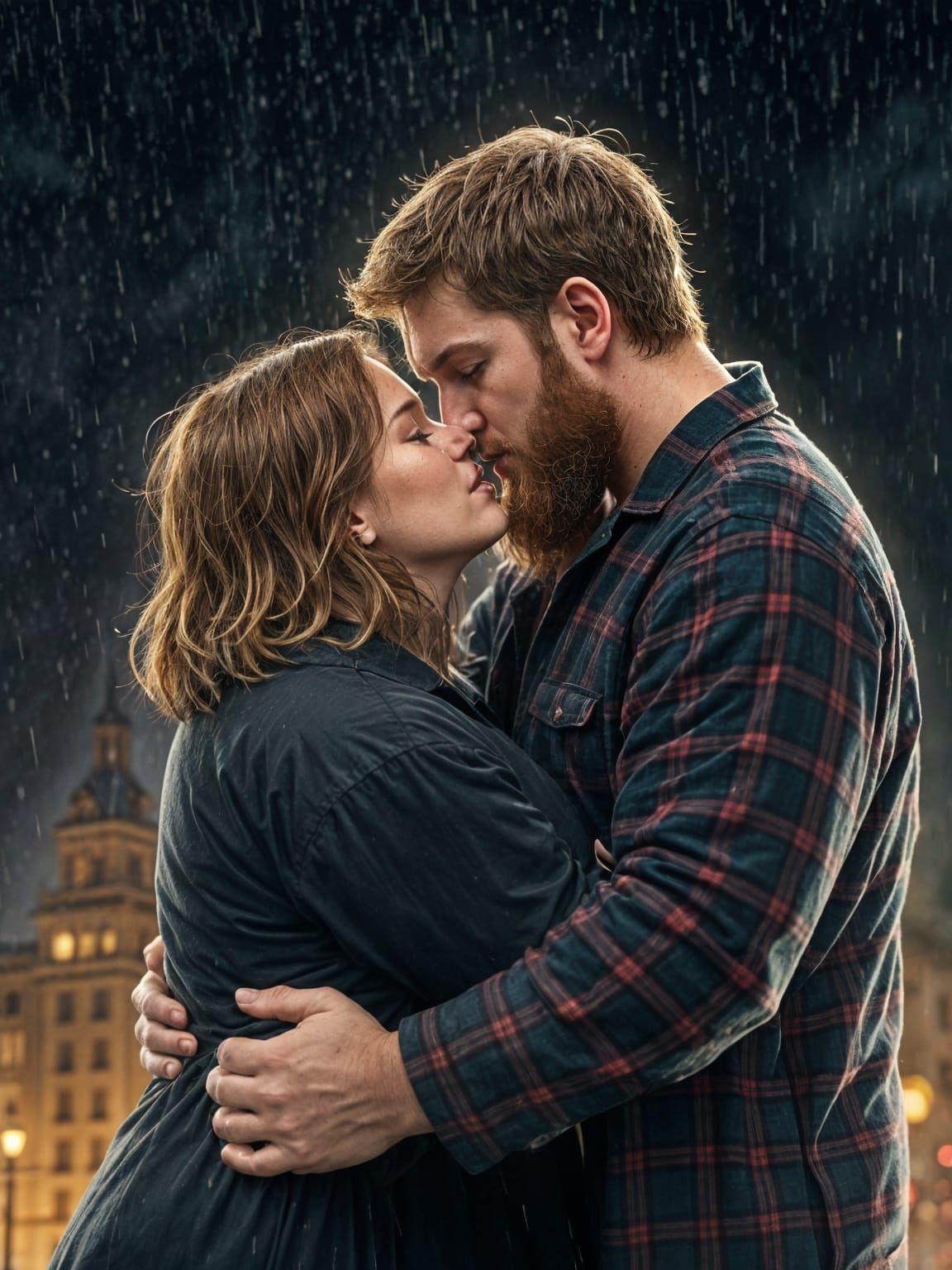 Rainy Night Embrace: A Couple's Passionate Kiss